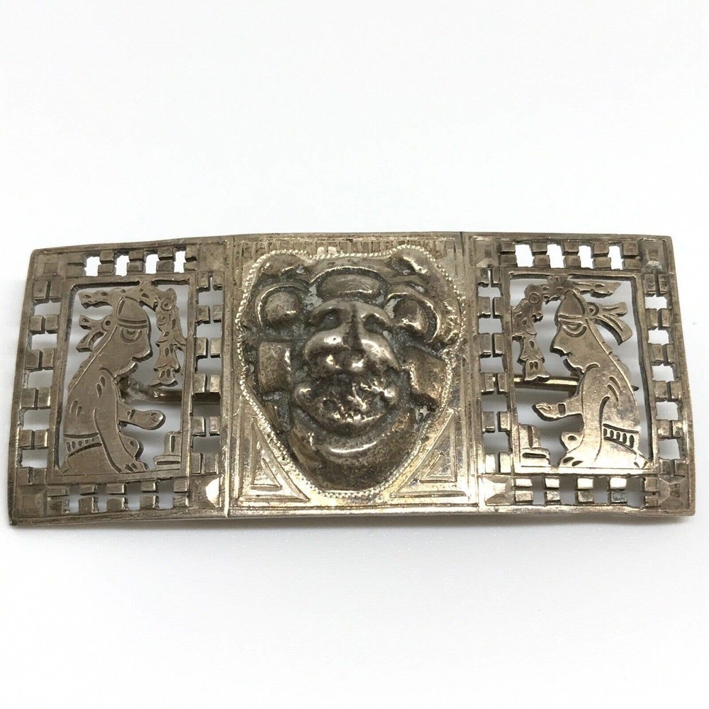 Vintage A.L. Guate Signed 900 Silver Unique Detailed Bar Shaped Brooch Pin